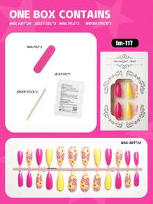 24pcs Almond Shape Shiny Pink Solid Color Press-On Nails, Long Yellow Floral Outline Pattern, Nude Transparent Acrylic Fake Nails Set, Includes 1pc Jelly Glue And 1pc Nail File, Summer Bright Floral Manicure, Suitable For Women And Girls, Daily Vacation Beach - Multicolor - View 2