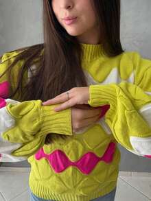 Blusa de tricô colorida para o dia a dia - amarelo neon - Visão 2