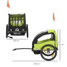 HOMCOM Remolque de Bicicleta para Niños +18 Meses Cochecito para Transporte de 2 Plazas con Cinturón de Protección Espacio de Almacenamiento y Sistema de Amortiguador 140x88x90 cm Verde - Verde - Ver 7