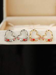 1 Pair Textured Hollow Heart Stud Earrings, Colorblock Sweet Girl Style, Versatile Delicate Daily Earrings - Love Earrings - View 6
