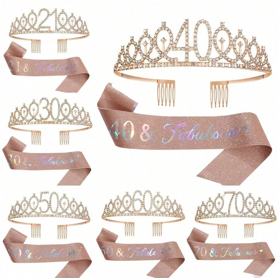 Set de 2 piezas, 21º, 30º, 40º, 50º, 60º, 70º Cumpleaños Banda y Corona, para Mujeres, Banda de Feliz Cumpleaños, 21º, 30º, 40º, 50º, 60º, 70º Regalos y Decoraciones para Fiesta de Cumpleaños