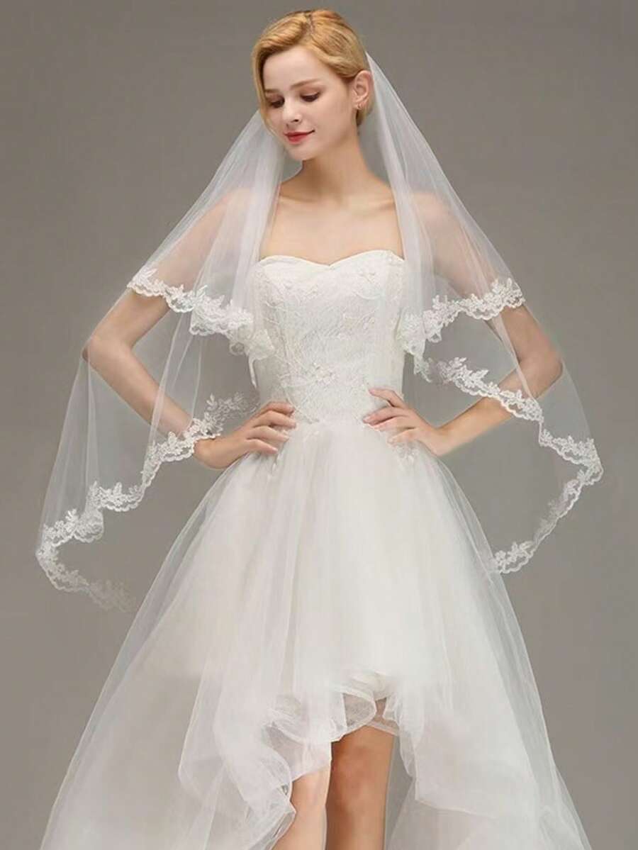 Embroidered Lace Bridal Ivory Double Layer Narrow Lace Veil With Metal Hair Comb Wedding Headpiece, Suitable For Wedding, Banquet, Travel Photography, Runway - Multicolor - View 1