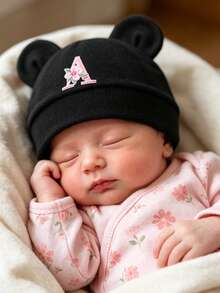 1pc Baby A-Z Letter Newborn Hospital Hat, Cartoon Bear Ear Newborn Hat, Soft Boy & Girl Hat, Solid Color Knitted Hat, Baby Photography Hat, 0-3 Months - Black - View 2