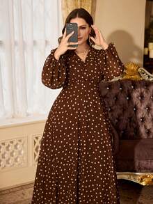 Women's Vintage Brown Polka Dot Dress, Overlap Collar, Bishop Sleeves, Flared Hem, Elegant Plus Size Soft Dress Vacation Summer - Coffee Brown - View 10