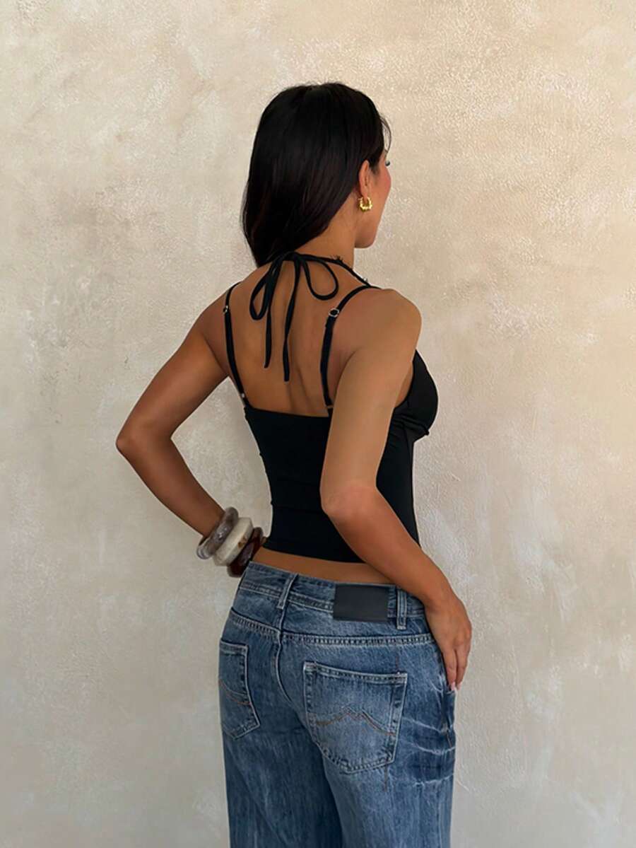 1pc Solid Color Knit Fabric Lace Patchwork Top, College Style, Summer - Black - View 1