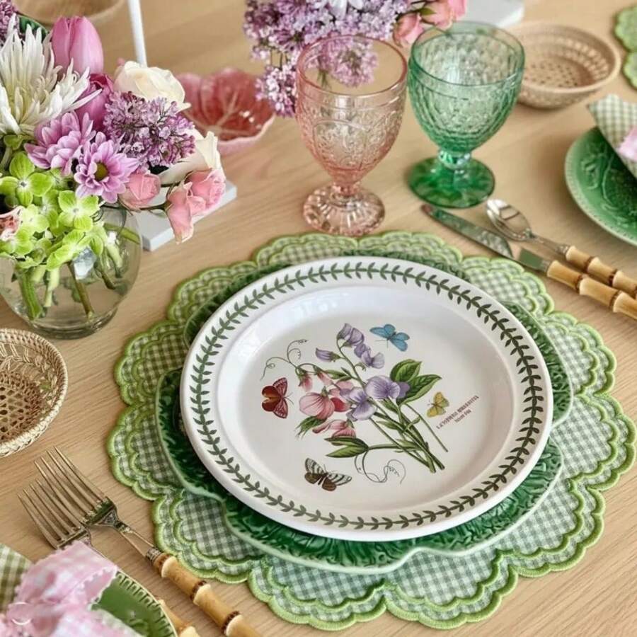 1/2/4pcs Mori Style Ins Ruffle Green Plaid Placemats, Vintage Round Table Heat-Resistant Pads - Green - View 1