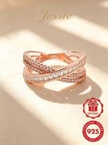 Jessie Jewelry 1pc Elegant Shiny Unique 925 Sterling Silver Cubic Zirconia Two-Stone Cross X-Shaped Design Ring For Women, Dating Charm Gift - Rose Gold - View 1