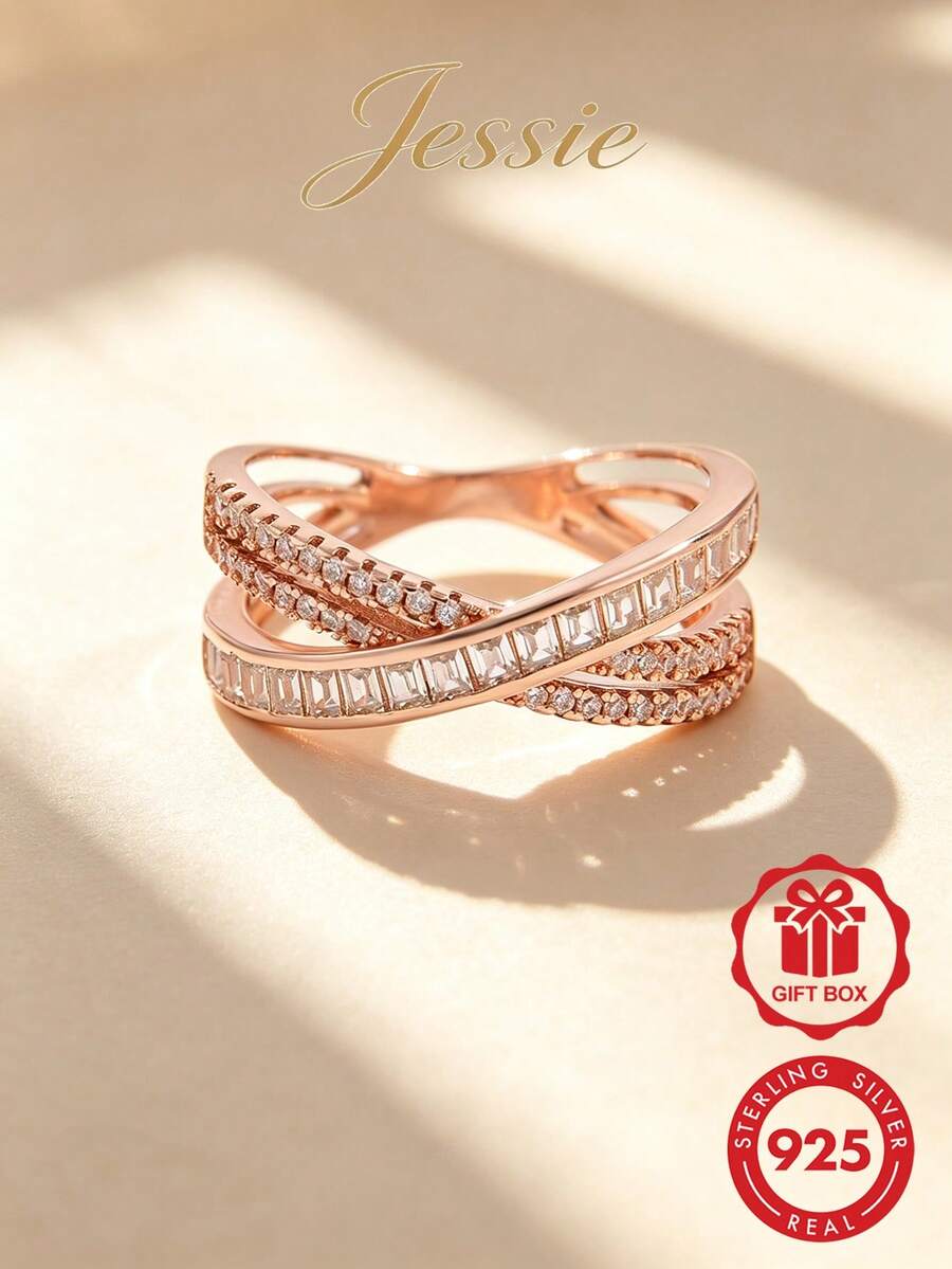 Jessie Jewelry 1pc Elegant Shiny Unique 925 Sterling Silver Cubic Zirconia Two-Stone Cross X-Shaped Design Ring For Women, Dating Charm Gift - Rose Gold - View 1