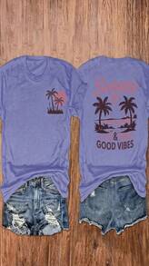 100% Cotton Unisex Round Neck Short-Sleeve T-Shirt With Palm Tree And Sunset Pattern, And The Words "FOREVER CHASING Sunsets" On The Back. Summer Wome - 紫色 - 查看 1