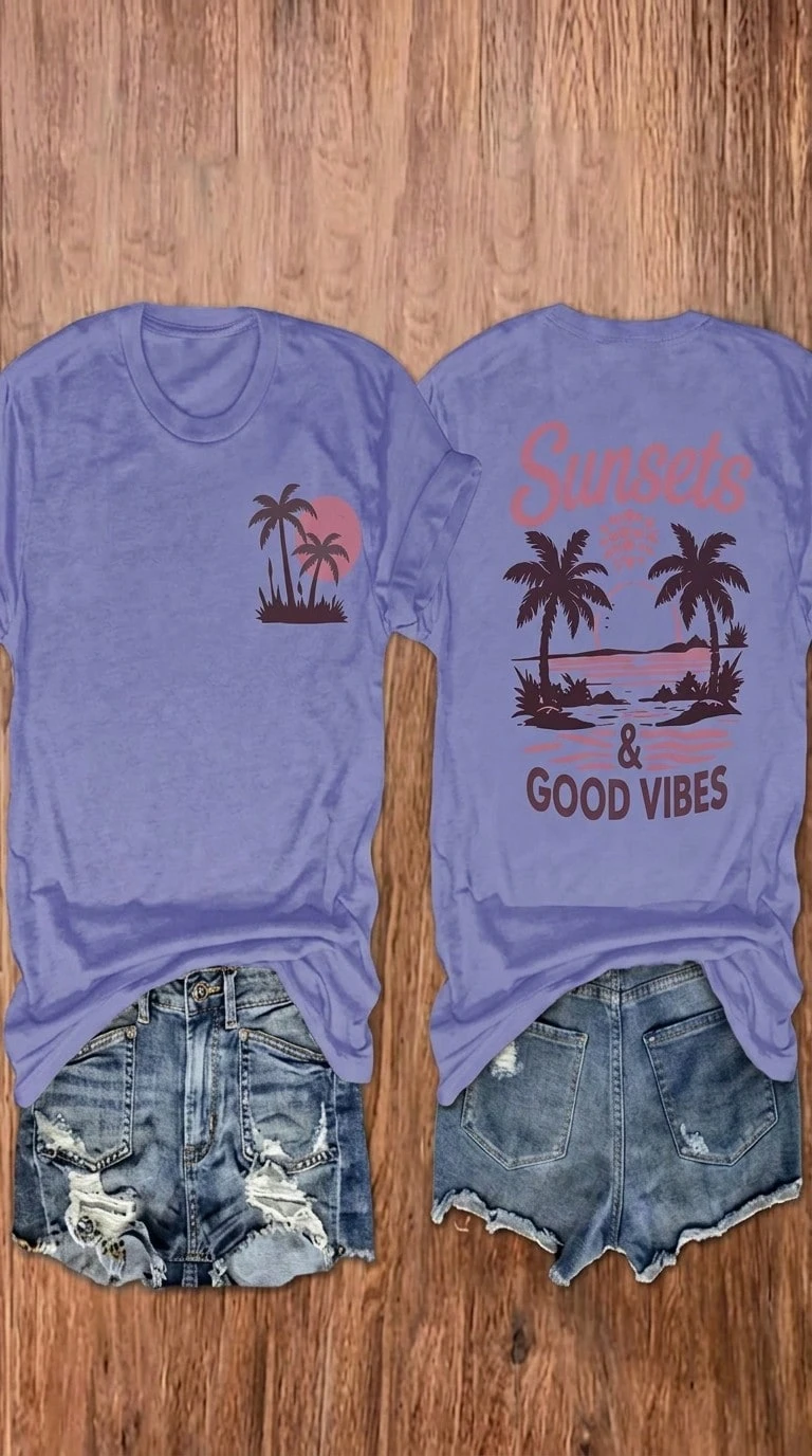 100% Cotton Unisex Round Neck Short-Sleeve T-Shirt With Palm Tree And Sunset Pattern, And The Words "FOREVER CHASING Sunsets" On The Back. Summer Wome - 紫色 - 查看 1