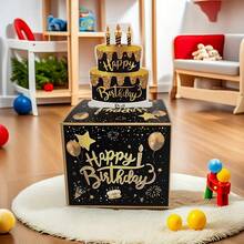 5.12 英吋生日派對驚喜禮物盒，適合她/他，黑金色 Happy Birthday 禮物盒，生日派對裝飾禮物盒 - A - 查看 3