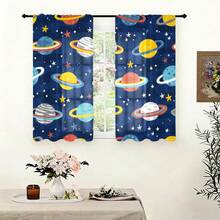 2pcs Watercolor Cartoon Planet Curtains, Solar System Galaxy Theme, Room Decor Curtains, Rod Pocket Design, Semi-Transparent Polyester Material, Suitable For Living Room, Kitchen, Bedroom And Other Places - Multicolor - View 9