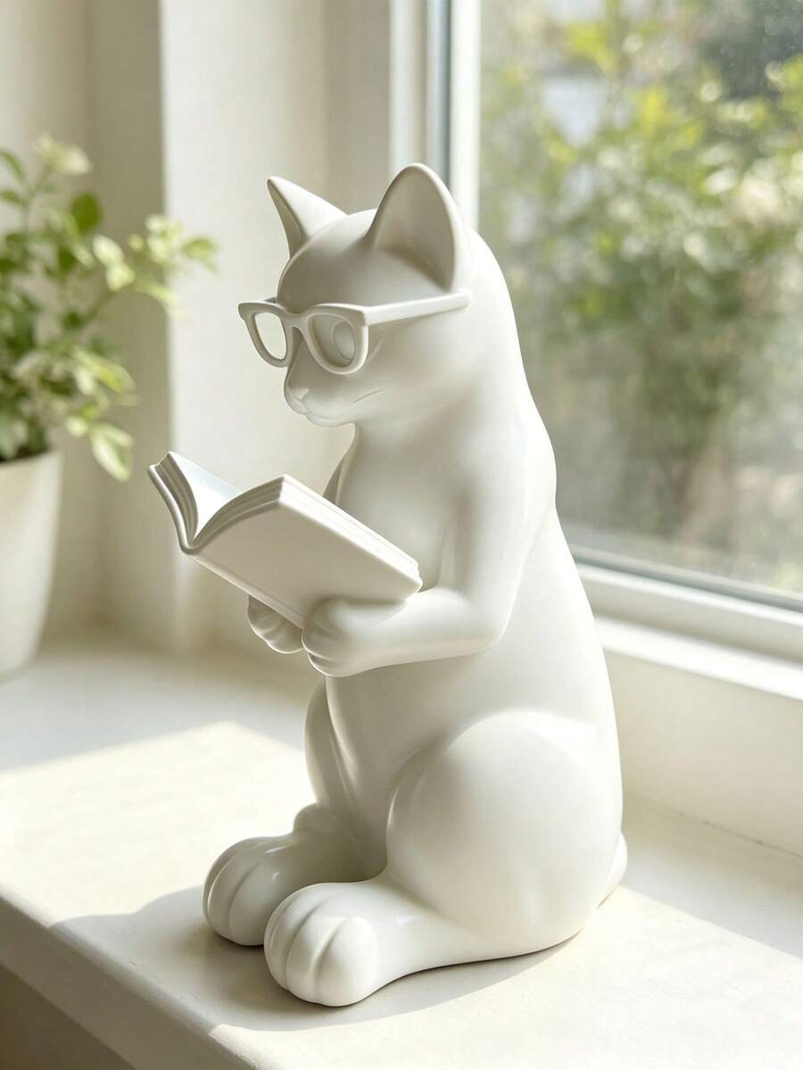 Cat Figurine Wearing Glasses Reading, Scholar Style Artistic Cat Sculpture, Modern Minimalist Home Decor, Suitable For Study Or Desk, Creative Gift For Book Lovers, Friends Or Colleagues, Aesthetic Room Decoration - Multicolor - View 1