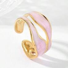 1pc Double Layer Wave Design Open Ring, Gold-Tone Trim With Liquid Sand Enamel, Couple Ring Suitable For Daily Wear - Baby Pink - View 1