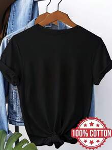 Herbst Outfit, Women's Summer Short-Sleeved T-Shirt, 100% Cotton, Letter Print Design, Fast Local Delivery. - Black - View 2