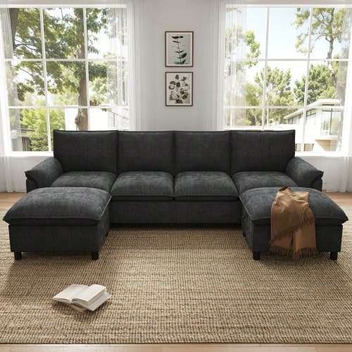 U-Shaped Modular Cloud Sofa, Comfortable Corner Sofa With Deep-Seat Design, Including 2 Movable Ottomans - Black - View 1