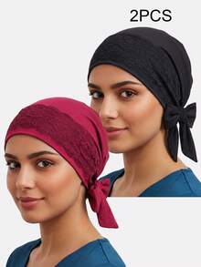 2pcs Women's Lace Trim Ribbon Headscarf Tie Headwrap Hat Chemotherapy Cap Suitable For Daily Use - Multicolor - View 5