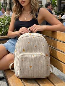 1 Piece Backpack, Women's Mini Backpack, Corduroy School Bag For Girls, Travel Storage Bag, Flower Print Design, Large Capacity, Foldable And Easy To Store School Supplies - White Flowers - View 6