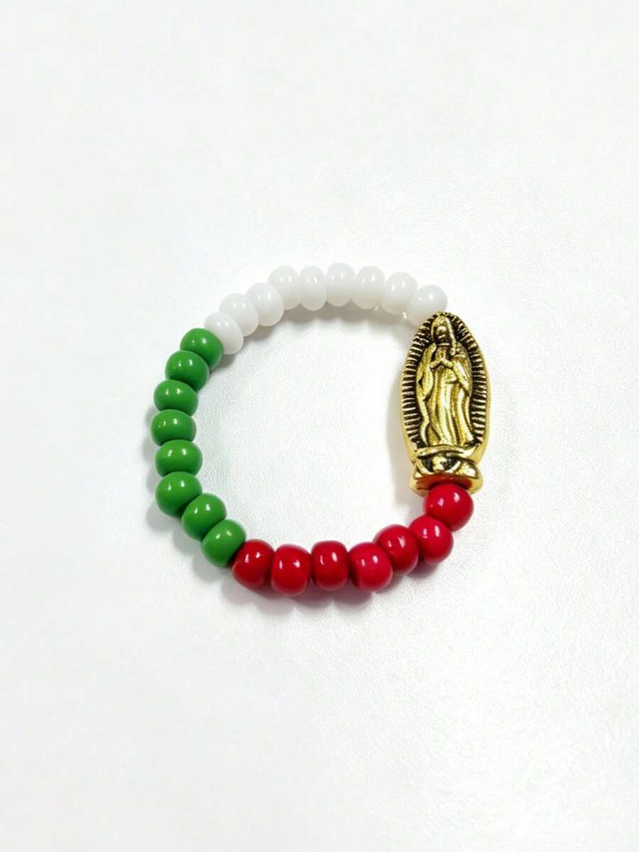 1pc Virgin Mary Beaded Elastic Ring, Random Color Bead Combination, Suitable For Daily Wear, Prayer, Baptism, Holiday Celebration - Style 2 - View 1