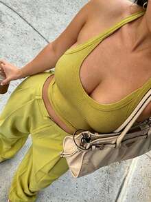 Conjunto de dos piezas para mujer: Estilos básicos simples de talla grande para primavera y verano, top de punto acanalado con cuello en U simple para el trabajo + pantalón elegante de pierna ancha - Verde - Ver 2