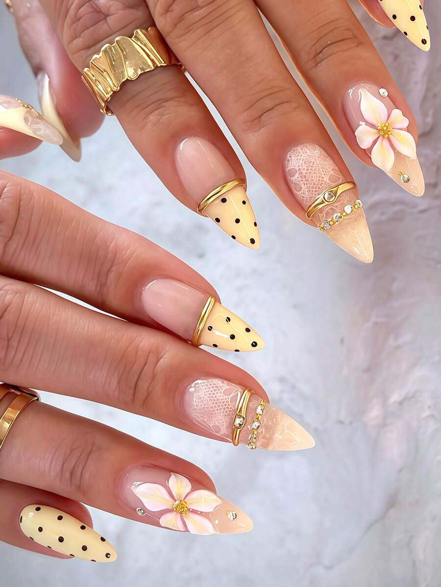 Show Your Beauty 24pcs Almond Shaped Elegant Cool Polka Dot Shiny Rhinestone Chain Lace Mesh Gold Stripe Flower French Glossy Bright White Fake Nails Fashion Versatile Wearable Nails Suitable For Dates Parties Spring Summer Women And Girls Autumn Winter Daily Wear Removable Press-On Nail Set With Jelly Glue And Nail File Easy To Wear And Durable Jelly Glue Randomly Sent - Multicolor - View 1