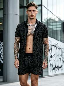 1 Set Men's Sports Casual Outfit, All-Over Print Summer Lapel Shirt And 5-Point Shorts, Streetwear Style - Black - View 2