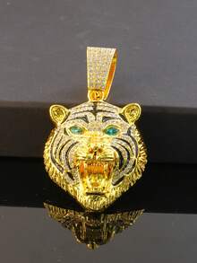 Hip Hop 3D Roaring Tiger Pendant Necklace, Emerald Eyes, Shiny Full Diamond Thick Cuban Chain, Men's Personalized Streetwear Accessory - Green-eyed Tiger Pendant Necklace - View 7