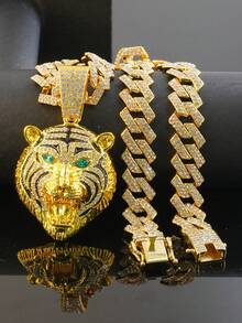 Hip Hop 3D Roaring Tiger Pendant Necklace, Emerald Eyes, Shiny Full Diamond Thick Cuban Chain, Men's Personalized Streetwear Accessory - Green-eyed Tiger Pendant Necklace - View 11