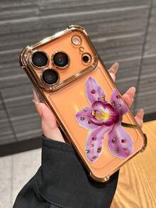 Full Coverage Transparent Shockproof TPU Phone Case, Rhinestone Lily Flower Pattern, Compatible With Apple Devices, Suitable For IPhone 17 Pro, 16 Pro, 15, 14, 13, 12 And 11, Minimalist Fashion Soft Protective Shell, Valentine's Day Gift - Orange - View 3