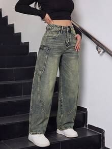 Celana Jeans Wanita Kasual Model Lurus dengan Warna Pudar, Celana Panjang Longgar Gaya Vintage Tidak Melar, Cocok untuk Dipakai di Musim Gugur - Dusty Blue - View 3
