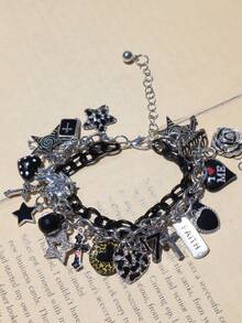 1pc Love Yourself Slogan Charm Bracelet, Dark Leopard Print Star Vortex Cross Bracelet, Cross Angel Bracelet - Black - View 4