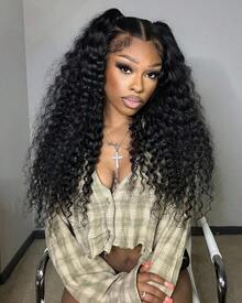 bling hair Parrucca a onde profonde con cinturino regolabile con coulisse, parrucche senza colla, facile da indossare in 3 secondi, 6x4, 5x7, 9x6, parrucca a onde ricce profonde senza colla, parrucca pronta da indossare, parrucca in pizzo pretagliata, capelli umani, 13x4, 13x6, parrucche frontali in pizzo a onde profonde, mezza parrucca pre-sfoltita, adatta ai principianti. - Natural Black - Visualizzare 3
