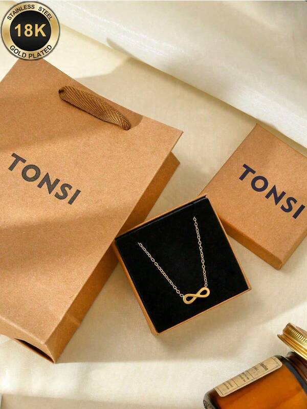 TONSI 1pc Elegant Minimalist 8-Shaped Stainless Steel 18K Gold Plated Necklace, Simple Versatile Pendant Necklace Suitable For Daily Wear, Dates, Gift For Friends, Family, Birthday