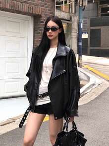Áo khoác da đen nữ mới, phong cách mùa thu cá tính, áo khoác mô tô retro độc đáo và thời thượng - màu đen - Xem 6