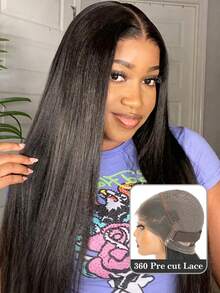 Wig Rambut Manusia Lurus Yaki dengan Tali Tersembunyi, Kepadatan 180%, Tanpa Lem, Wig Siap Pakai, Wig Lace Frontal Pra-cabut dan Pra-potong untuk Wanita - Natural Black - View 1