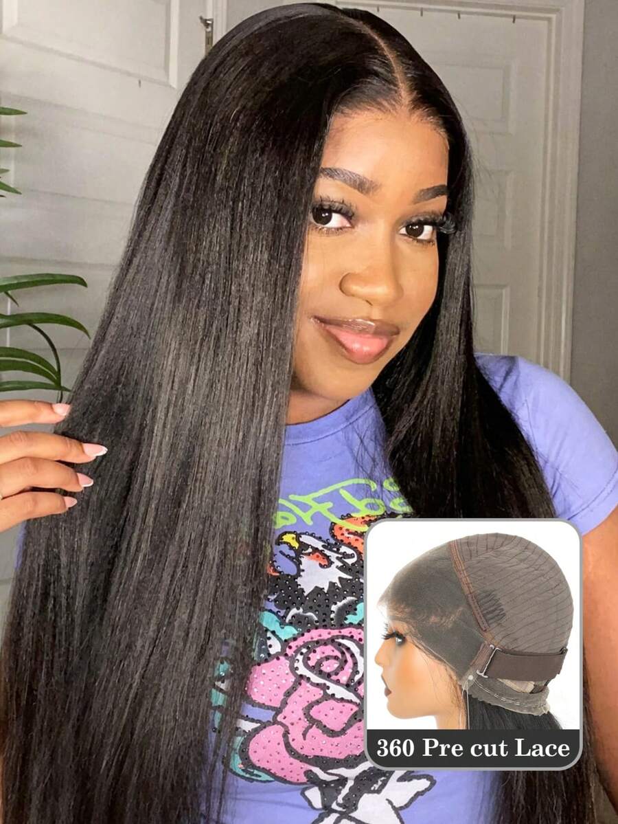 Wig Rambut Manusia Lurus Yaki dengan Tali Tersembunyi, Kepadatan 180%, Tanpa Lem, Wig Siap Pakai, Wig Lace Frontal Pra-cabut dan Pra-potong untuk Wanita - Natural Black - View 1