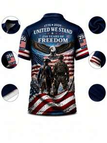 男士夏季通勤百搭舒適 USA 250週年 Liberty Memorial 印花半拉鍊 Polo 衫，日愛國風短袖上衣 - 彩色 - 查看 2