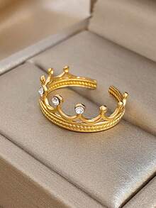 1Pc/Set Luxuy Sweet Gold Plated Round Zirconia Heart Crown Rings Set, Gold Jewelry Gift, For Daily Party Birthday Valentine's Day, Boho/Y2K Accessories - Multicolor - View 8