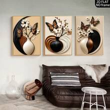 3-Piece Frameless Modern Minimalist Vase & Floral Wall Art Print Canvas Decor, Abstract Geometric Butterfly & Floral Frameless Poster, Home Decor Neutral Earth Tone Wall Art, Holiday Decoration Gift - Beige - View 6