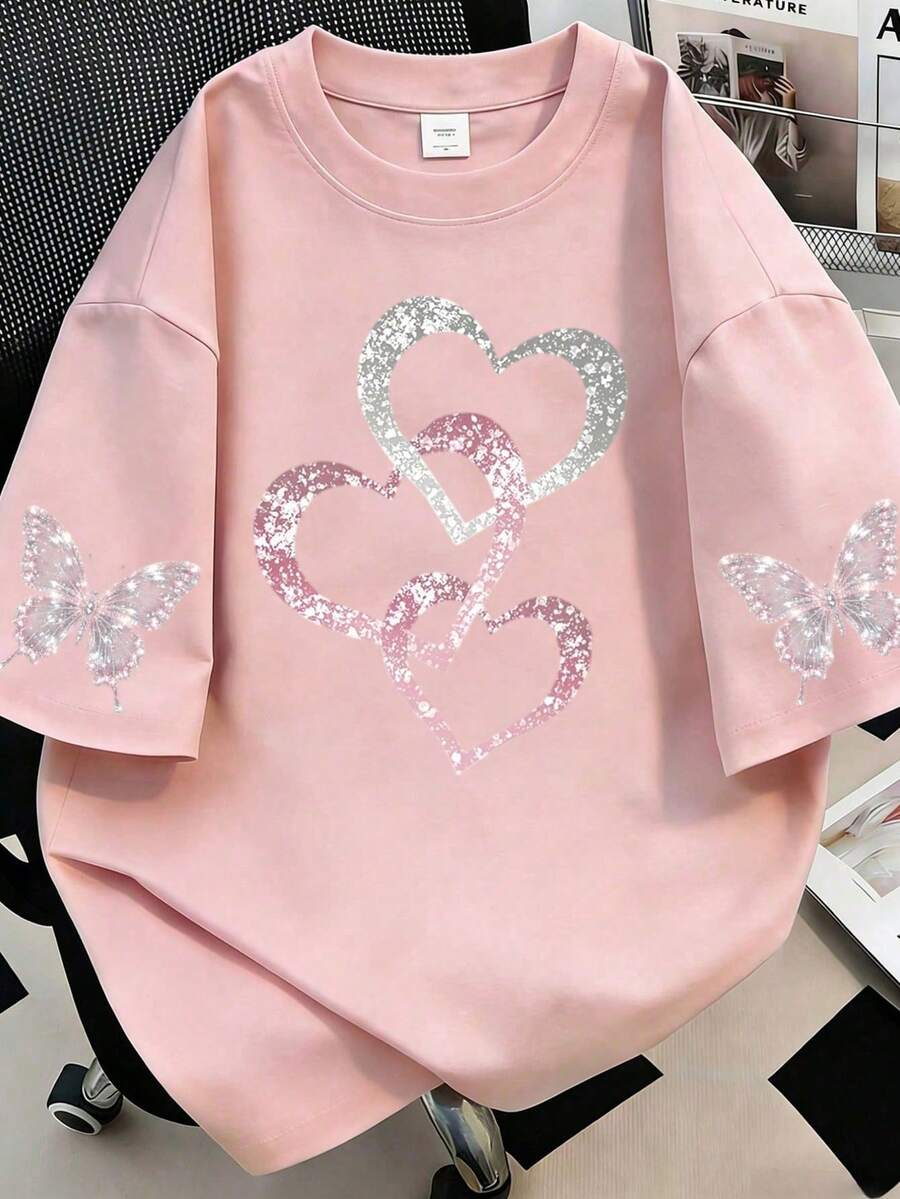 Silver Pink Heart Print Plus Size Short Sleeve Crew Neck Casual Top, Spring/Summer Women's Clothing - Pink - View 1