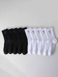 5/10 Pairs Unisex Simple Black & White Cross Mid-Calf Socks, Solid Color Versatile, Minimalist Daily Wear, Suitable For Everyday Use - Black and White - View 8