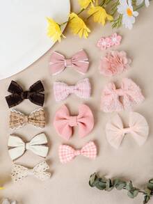 Set di 4 fermagli per capelli rosa e marrone delicati per neonati, fiocchi in tessuto con pizzo, quadri e fiori 3D, accessori per capelli per neonati e bambini piccoli, non dannosi per i capelli fini - Multicolore - Visualizzare 4