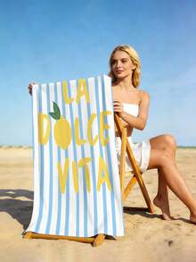 1件時尚藍色條紋海灘巾，檸檬印花「La Dolce Vita」大尺寸海灘巾，超細纖維快乾吸水防沙海灘浴巾，毛巾，適合旅行、游泳池、潛水、衝浪、瑜珈、露營、海灘派對和派對裝飾海灘巾，夏季海灘旅行必需品，度假浴室裝飾水上派對多功能海灘巾 - 藍色條紋 - 查看 8