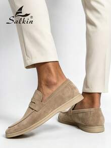 Salkin 奢華時尚設計師男士樂福鞋 錢幣式一腳蹬 柔軟仿麂皮素食皮革休閒鞋 莫卡辛鞋 極簡商務正裝鞋 男士舒適日常辦公派對婚禮鞋 情侶約會浪漫晚餐度假禮物 返校學生鞋 學院風，請選擇大一號 - 卡其色 - 查看 3