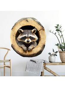 1pc Realistic Tree Hole Wall Sticker, Raccoon Exploring Forest Animal Decal, Fun Self-Adhesive Removable Artwork, Suitable For Living Room Bedroom, Natural Theme Decoration, Removable Wall Sticker, No Residue, Charming Forest Scene, Raccoon Playing In Tree Hole, Easy To Peel And Stick, Self-Adhesive Decoration, Suitable For Living Room Bedroom, Natural Theme Wall Sticker - Raccoon Cave Exploration - View 2