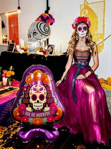 1pc Standing Undead Purple Triangle Tombstone Day Of The Dead Theme Aluminum Foil Balloon, Suitable For Day Of The Dead Decoration, Halloween Theme Decor, Indoor/Outdoor Scene Arrangement, Horror Party Props, Escape Room Scene Supplies - Multicolor - View 5