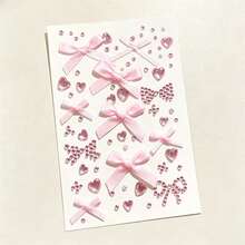 Sweet Girl Pink Ribbon Bow Heart Rhinestone Sticker Set, DIY Decals For Journal, Kuka Card, Phone Case, Face Makeup Decor - Bow Crystal Rhinestone - View 7