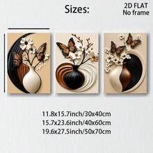 3-Piece Frameless Modern Minimalist Vase & Floral Wall Art Print Canvas Decor, Abstract Geometric Butterfly & Floral Frameless Poster, Home Decor Neutral Earth Tone Wall Art, Holiday Decoration Gift - Beige - View 2