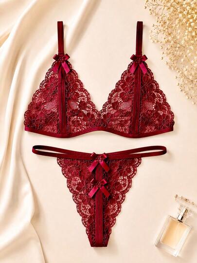 Conjunto de Lingerie sem bojo sexy  Simples    Renda    Transparente  Nó  Costas nuas / sem costas    sexy  FEMININA TEEN CONFORTO MEIAS