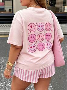 2pcs Plus Size Vintage American Style Cartoon Print, Striped Colorblock Casual INS Style Women's Pajama Set - Pink - View 2